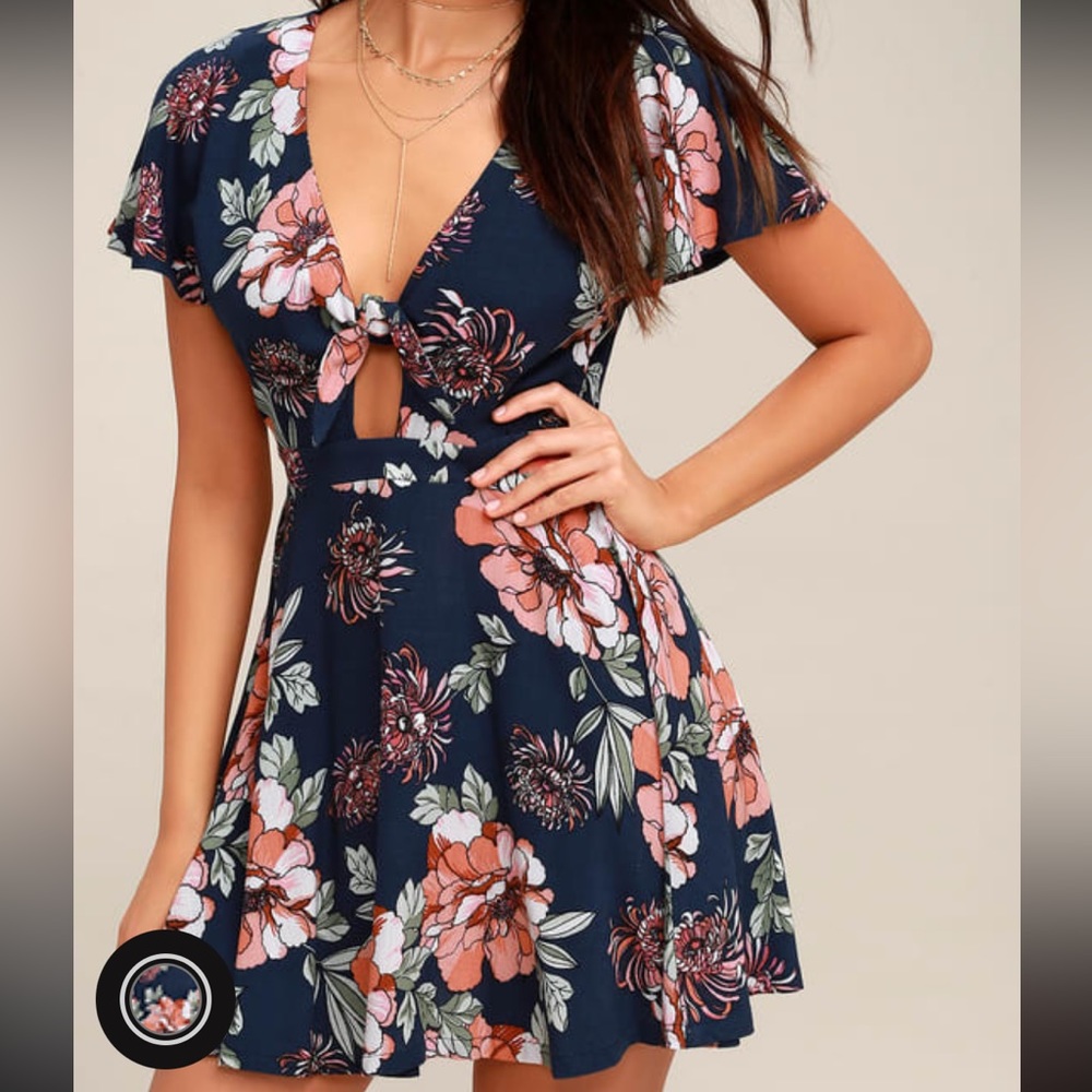 Lulus Botanic of Time Navy Blue Floral Print Tie Front Skater Dress